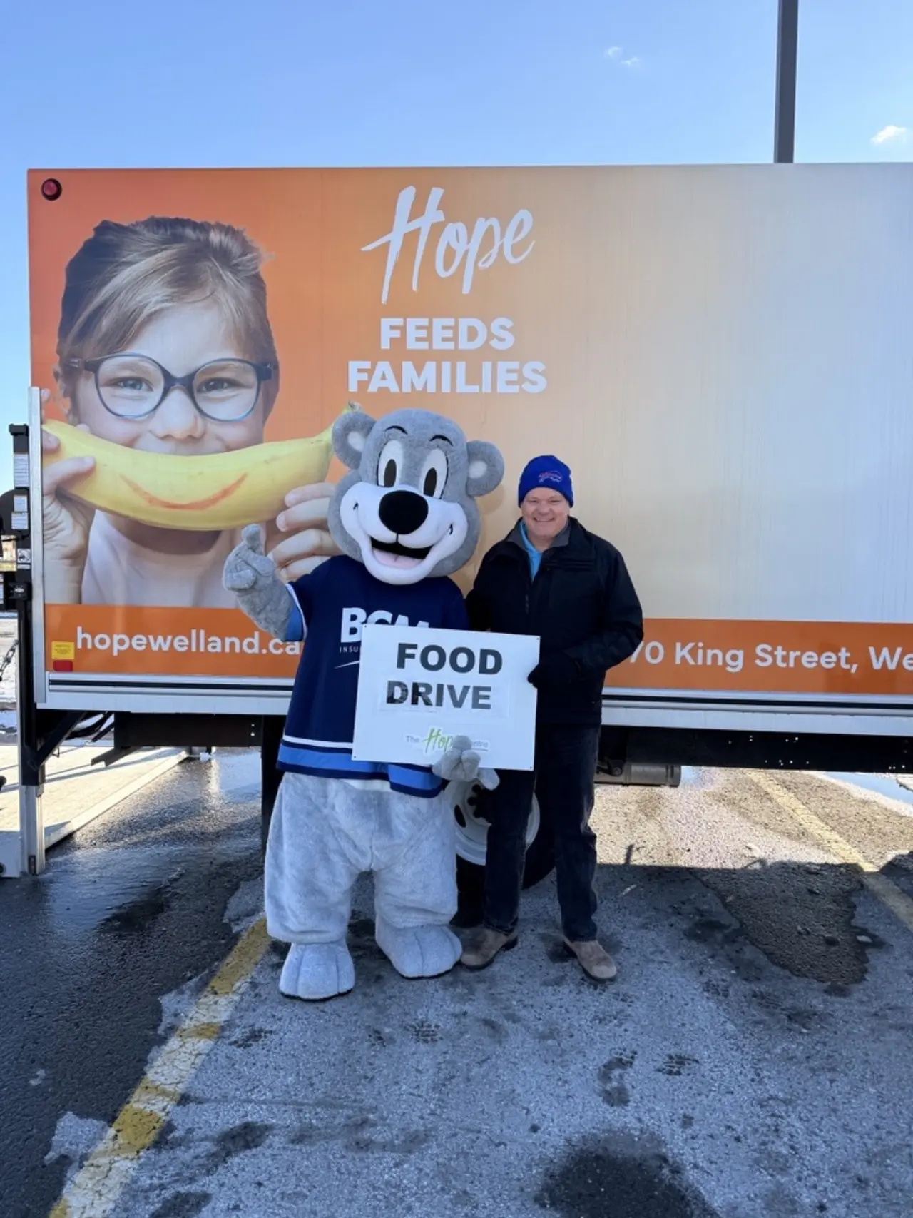 BCM mascot Bertie at a Food Drive
