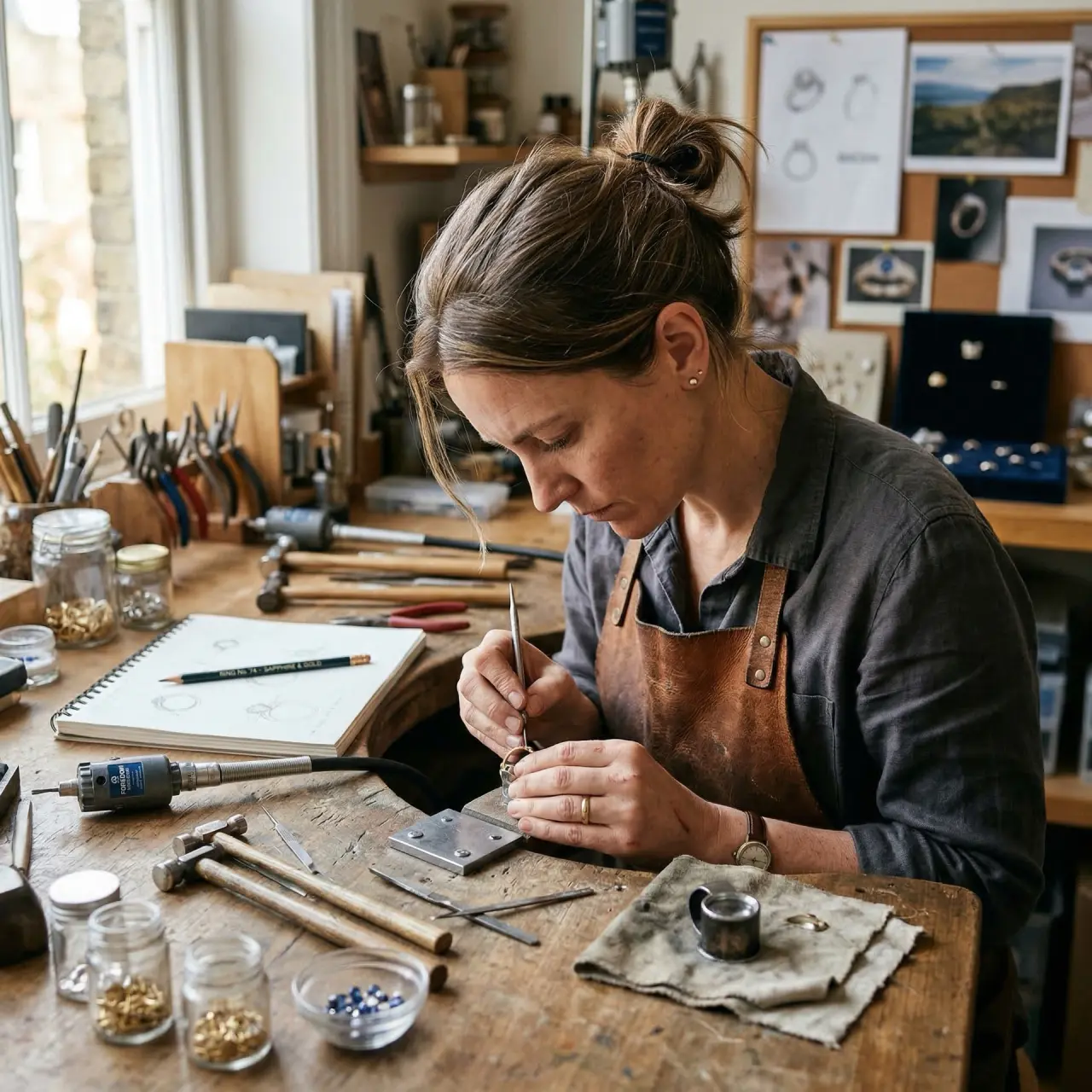 Jeweller shaping a ring at a workbench in their studio