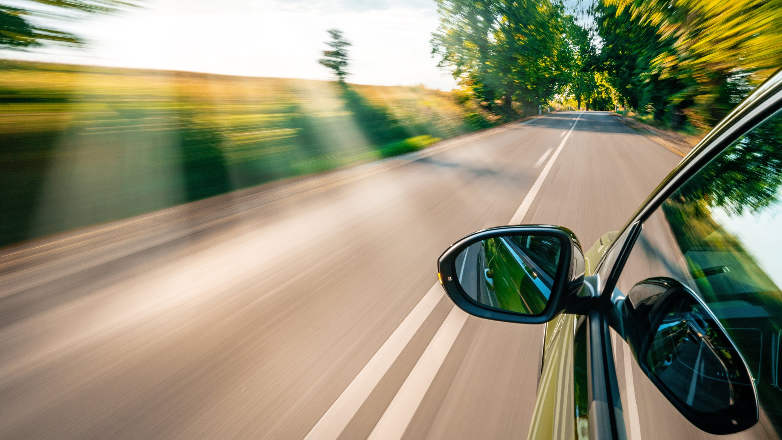 Driving down an open tree-lined country road with motion blur conveying speed