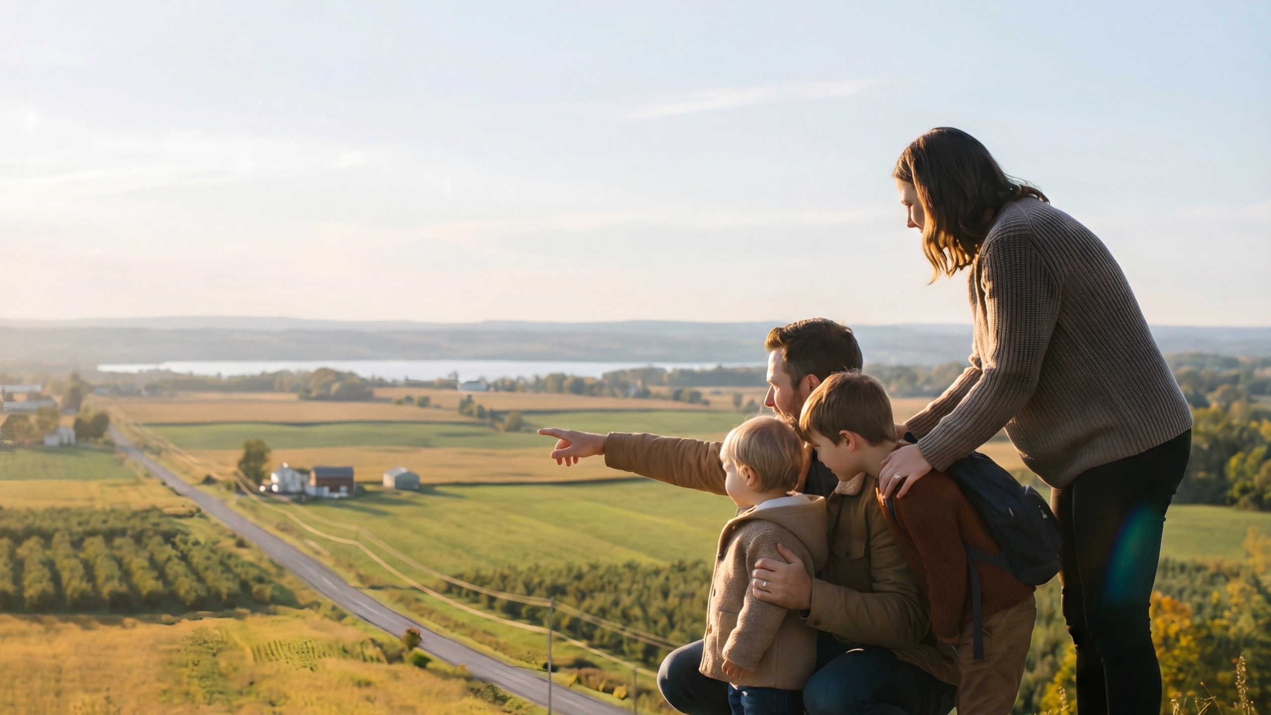 A family overlooking Niagara farmland and orchards at golden hour