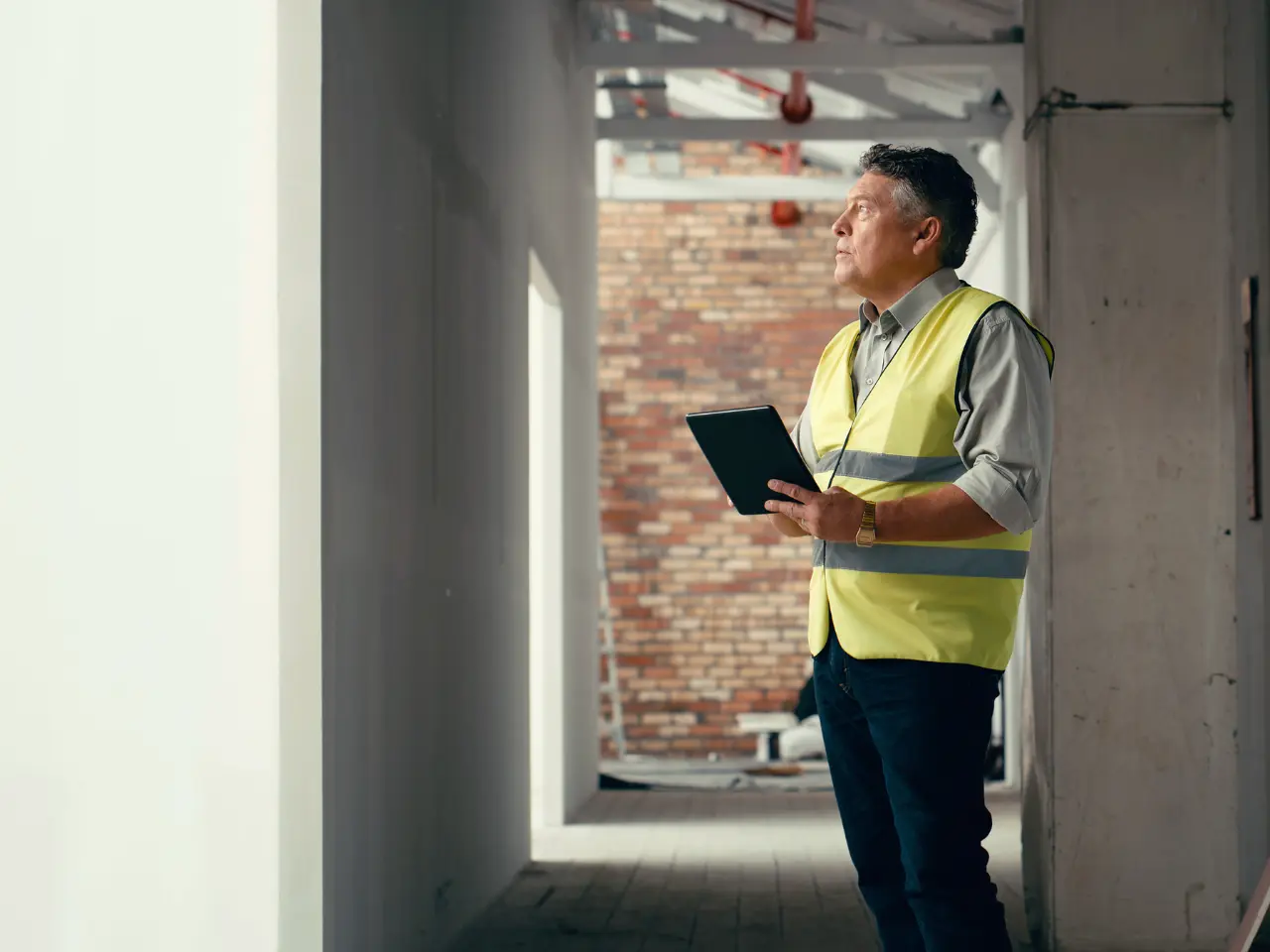 Inspector in a high-visibility vest holding a tablet in a building under renovation