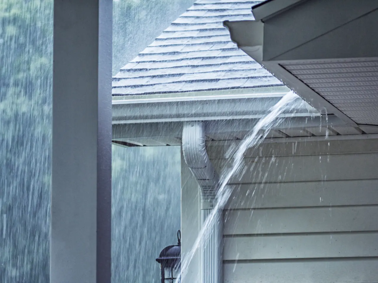 Rainwater overflowing a house gutter beside its downspout during a heavy storm