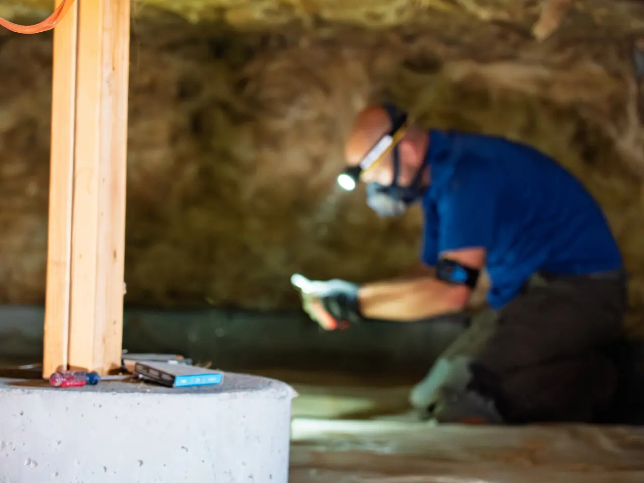 Inspector wearing a headlamp and respirator checking the crawl space beneath a house