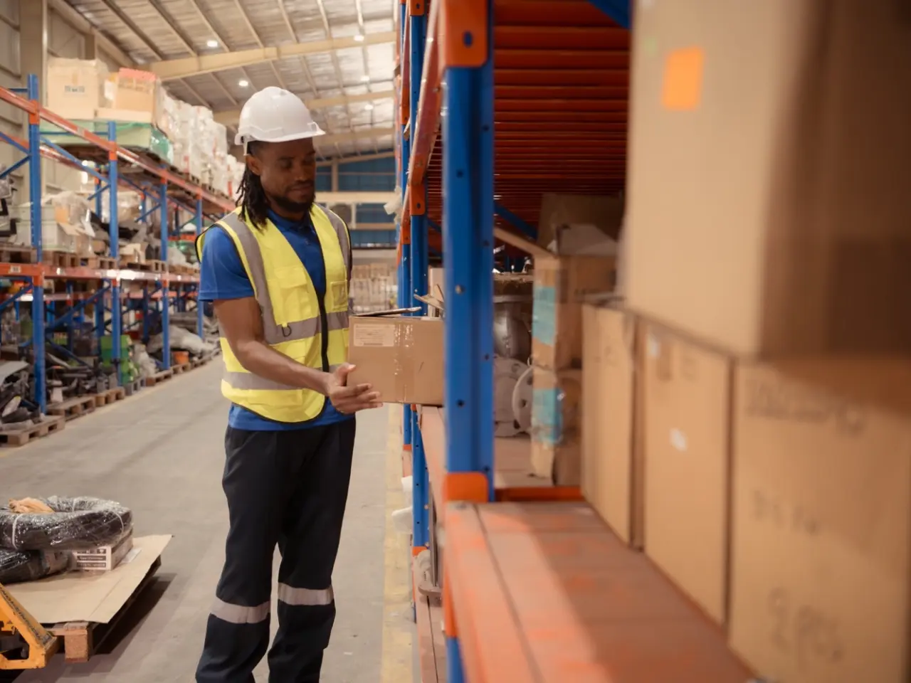 Warehouse worker in a hi-vis vest and hard hat shelving a box
